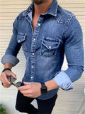 themeisles Men's Denim Shirt Solid Color Collar Black Blue Royal Blue Light Blue Gray Street Daily Long Sleeve Button-Down Clothing Apparel Denim Casual Comfortable Pocket