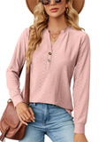 themeisles Autumn Urban Style Solid Color V-neck Button Jacquard Loose Long-sleeved Temperament Commuter T-shirt Tops for Women