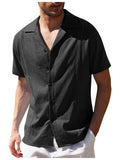 themeisles Men's Loose Simple Solid Color Lapel Casual Linen Shirt Short-sleeved Beach Shirt