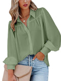 themeisles Urban Style Buttoned Blouse Lantern Sleeves Ruffled Solid Color Collar Loose Shirt Long-sleeved Women's