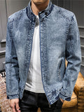 themeisles Men's Long-sleeved Stand-up Collar Jacket Retro Denim Jacket Youth Casual Jacket Male Trend Solid Color Slim Men's Clothing