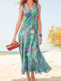 themeisles Women's Sleeveless U-neck Printed Long Dress Summer New Bohemian Vacation Beach A-line Dress Dress