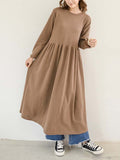 themeisles Casual Loose Long Sleeves Solid Color Round-Neck Midi Dresses