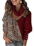 themeisles Autumn and Winter New Women's Leopard Print Color Blocking Temperament V-neck Loose Scarf Hollowed Knitwear