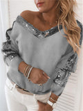 themeisles Autumn and Winter Solid Color Casual Pullover Women's Sequin Splicing Plush Long Sleeve Loose V-Neck Urban Casual Top