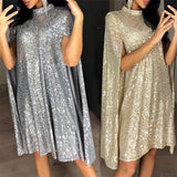 themeisles Women's Party Dress Sequin Dress Short Mini Dress Silver Gold Sleeveless Pure Color Sequins Split Spring Fall Crew Neck Party Stylish Elegant Party