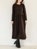 themeisles Casual Loose Long Sleeves Solid Color Round-Neck Midi Dresses