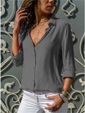 themeisles Women's Long-sleeved Lapel Button Down Shirt Blouse Solid Color Blouse Plus Size Cardigan Blouse