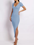 themeisles Split-side Solid Color Skinny Short Sleeves Round-neck Midi Dresses