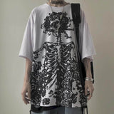 themeisles Aidase Summer half-sleeved tshirts tops dark high street gothic skull rose print loose short-sleeved T-shirt men and women streetwear