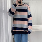 themeisles Long-sleeved striped T-shirt men's Korean loose hip hop top trend all-match handsome Hong Kong style O-neck casual sweatshirt