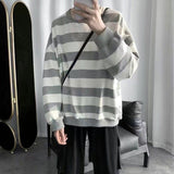 themeisles Long-sleeved striped T-shirt men's Korean loose hip hop top trend all-match handsome Hong Kong style O-neck casual sweatshirt