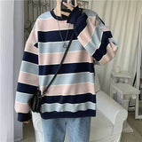 themeisles Long-sleeved striped T-shirt men's Korean loose hip hop top trend all-match handsome Hong Kong style O-neck casual sweatshirt