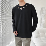 themeisles Autumn Cotton Black Long-sleeved T-shirt Men Slim Fashion Casual Hole T Shirt Men Korean Loose O-neck Pullover Tshirt Mens Top