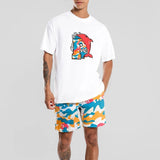 themeisles Men's Casual Outfit Cartoon Print O Neck Short Sleeve T-Shirt and Shorts Set Men's Casual Street Casual Sweatshirt 2-Piece