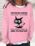 themeisles Women's Sweatshirt Pullover Active Vintage Streetwear Print Green Blue Purple Cat touch my coffee i will slap you so hard even google won't be able to find you Loose Fit Daily Round Neck Long Sleeve