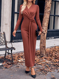 themeisles Solid Color Bowknot Long Sleeves Bodycon V-neck Maxi Dresses