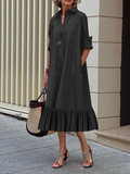 themeisles A-Line Long Sleeves Pleated Solid Color Lapel Collar Midi Dresses