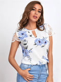 themeisles Explosive Summer New Round Neck Lace Shoulder Sleeve Floral Print White Short-sleeved Comfortable Casual T-shirt Female