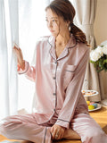 themeisles Women's Gift Pajamas Sets Home Christmas Party Daily Basic Pure Color Satin Simple Casual Soft Shirt Pant Fall Spring Summer Shirt Collar Long Sleeve Long Pant Buckle Pocket