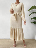 themeisles Tied Waist Split-Joint Solid Color Pleated Elasticity Puff Sleeves Loose Round-neck Midi Dresses