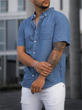 themeisles Mens Solid Color Faux Denim Shirt Short Sleeve Casual Loose Shirt for Men