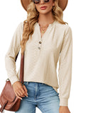 themeisles Autumn Urban Style Solid Color V-neck Button Jacquard Loose Long-sleeved Temperament Commuter T-shirt Tops for Women