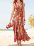 themeisles Women's Sleeveless U-neck Printed Long Dress Summer New Bohemian Vacation Beach A-line Dress Dress