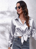 themeisles Explosive Real Shot Satin Shirt Female Satin Simulation Silk Long-sleeved Single-breasted Shirt New Straight Type Lapel Women