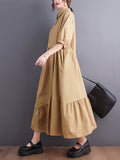 themeisles Simple Half Sleeves Loose Solid Color Lapel Collar Midi Dresses