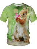 themeisles Men's Summer 3D Digital Printing Squirrel Pattern Short Sleeve T-shirt Men's Round Neck Loose T-shirt Green