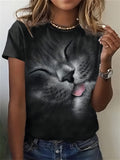 themeisles Summer Women's T-shirt Pattern Cat 3D Print Women's Tops Round Neck Regular Section