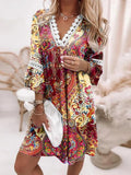 themeisles V-neck Printed Lace Stitched Bohemian Casual Holiday Dress