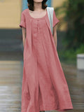 themeisles Simple Solid Color U-Neck Pleated Short Sleeves Maxi Dress