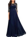 themeisles Women's Party Dress Lace Dress Long Dress Maxi Dress Green Wine Navy Blue Black 3/4 Length Sleeve Pure Color Lace Ruched Winter Fall Crew Neck Elegant Formal Romantic Party  S M L XL XXL