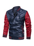 themeisles Men's Solid Color Insert Color Collision Threaded Cuffs PU Leather Jacket Men's Casual Stand-up Collar Zipper Jacket Man