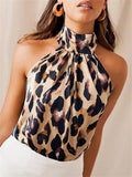 themeisles Summer Hot Hanging Neck Slim Type Short Section Sleeveless Small Undershirt Casual Leopard Print Undershirt Satin Women