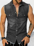 themeisles Men's Shirt Button Up Shirt Summer Shirt Casual Shirt Black Blue Sleeveless Plain Turndown Daily Vacation Denim Clothing Apparel Fashion Casual Comfortable