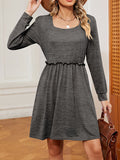 themeisles Solid Color Pleated Loose Long Sleeves Square-Neck Mini Dresses