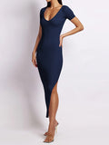 themeisles Split-side Solid Color Skinny Short Sleeves Round-neck Midi Dresses