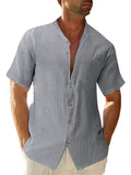 themeisles Men's Loose Linen Cardigan Solid Color Casual Stand-up Collar Short-sleeved Shirt Short-sleeved Tops White Gray Blue Apricot