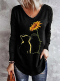 themeisles Black Long Sleeve V-neck Sunflower Cat Print Women's S M L XL 2LX 3XL