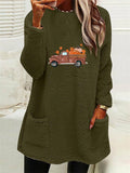 themeisles Women's New Fall and Winter Loose Long-sleeved Halloween Car Pumpkin Print Double-sided Velvet Pocket Round Neck Sweater