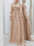 themeisles Tied Waist Solid Color Pleated Loose Long Sleeves Maxi Dresses