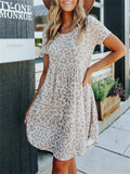 themeisles Short-sleeved Dress Summer New Leopard Print Round Neck Waist Short Skirt Female