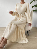 themeisles Tied Waist Split-Joint Solid Color Pleated Elasticity Puff Sleeves Loose Round-neck Midi Dresses