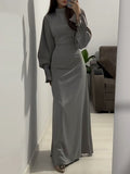 themeisles Long Puff Sleeves Solid Color Round-Neck Maxi Dresses