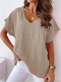 themeisles Summer Solid Color Cotton Linen Short-sleeved V-neck Shirt T-shirt Women