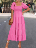 themeisles Split-Joint Solid Color Pleated Elasticity Short Sleeves High Waisted Square-neck Midi Dresses