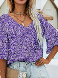 themeisles New Fashion Women's Summer Floral V-neck Chiffon Shirt Ruffle Sleeve Three-quarter Sleeve Temperament Elegant Loose Pullover T-shirt